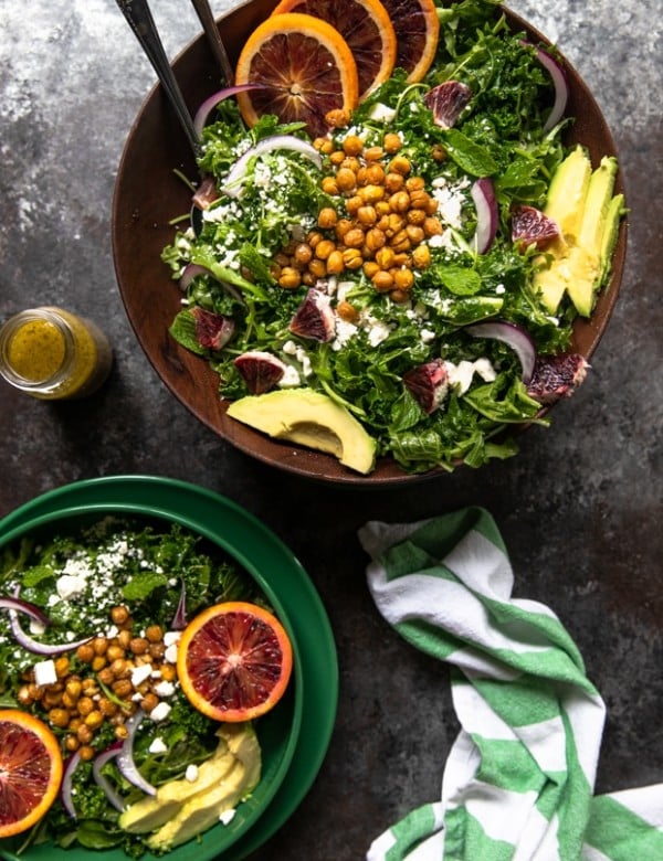 a winter blood orange salad in a wood salad bowl