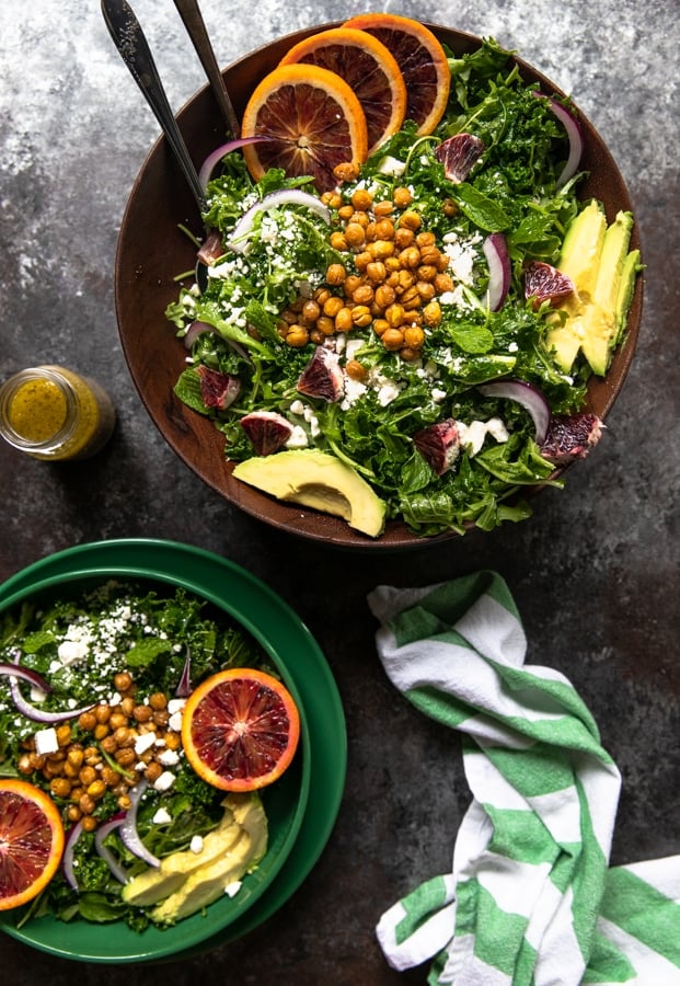 a winter blood orange salad in a wood salad bowl