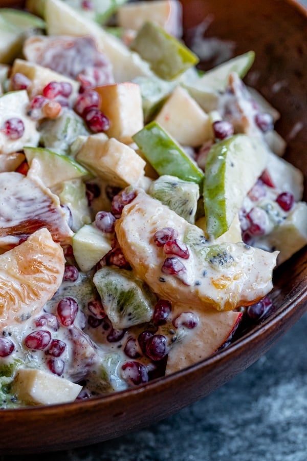 A close up of a bowl of fruit salad