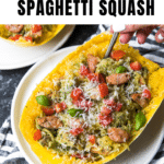 spaghetti squash with pesto in a white bowl