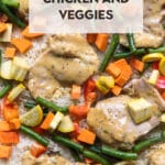 chicken thighs, white rice and vegetables on a sheet pan