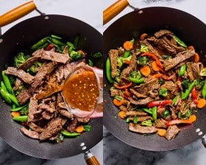 Two images of the stir fry in a wok. On the left, cooked beef is added back in with vegetables, and sauce is being poured over the top. On the right, the stir fry is mixed together, coated in sauce, and ready to serve.