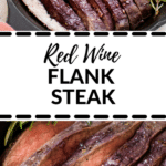 baked flank steak and fingerling potatoes in a cast iron skillet