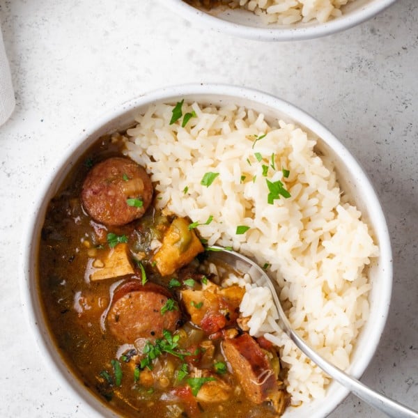 gumbo in a white bowl
