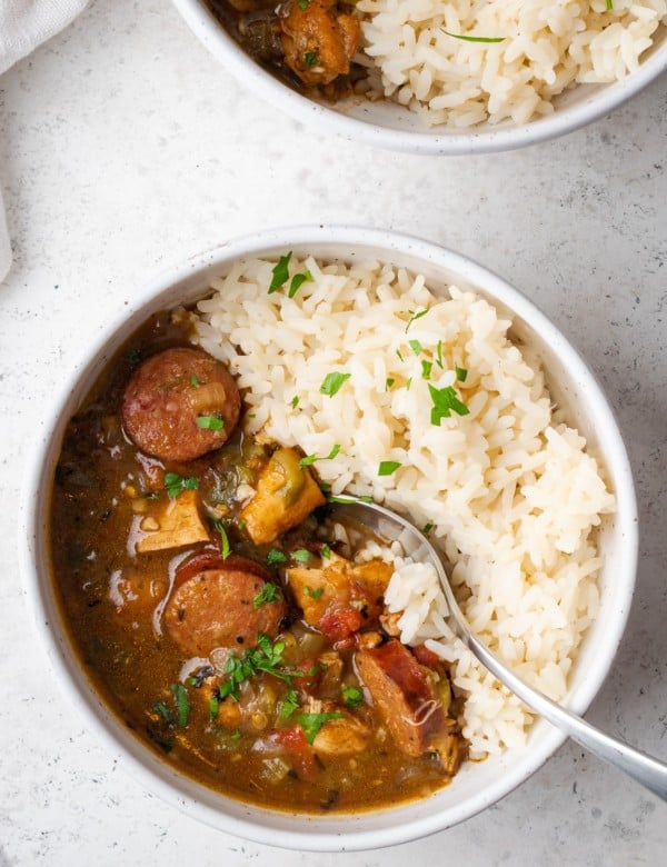 gumbo in a white bowl