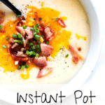 instant pot baked potato soup in a white bowl