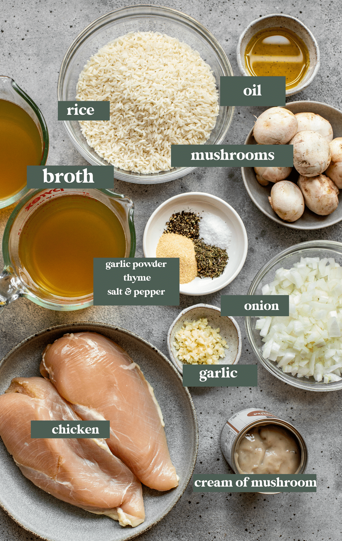 Ingredients needed to make a chicken and rice casserole in small glass dishes and bowls. 