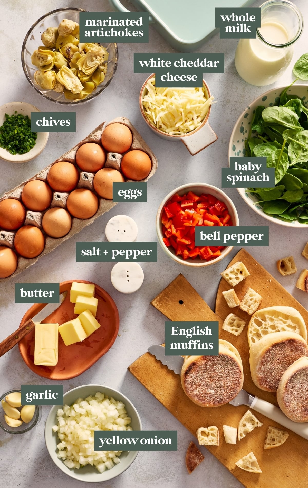 Overhead image of ingredients for an overnight artichoke spinach egg bake arranged on a light countertop, including eggs, English muffins, baby spinach, marinated artichokes, white cheddar cheese, bell pepper, onion, garlic, butter, milk, chives, salt, and pepper, each labeled with text overlays.