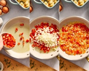Three-panel collage showing diced red bell peppers and onions being added to a buttered skillet, followed by the vegetables cooking together until softened.