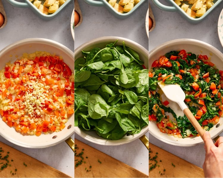 Three-panel collage showing minced garlic added to sautéed onions and bell peppers, fresh baby spinach added to the skillet, and the spinach wilted into the vegetable mixture while being stirred with a spatula.