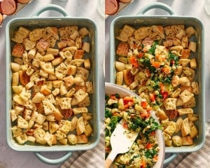 Two-panel collage showing buttered English muffin cubes layered in a casserole dish and the spinach, bell pepper, onion, and artichoke mixture spooned evenly over the bread.