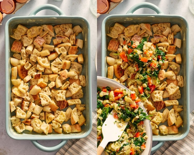 Two-panel collage showing buttered English muffin cubes layered in a casserole dish and the spinach, bell pepper, onion, and artichoke mixture spooned evenly over the bread.