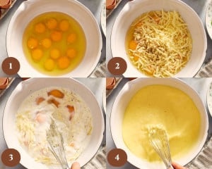 Four-panel collage showing eggs cracked into a mixing bowl, shredded white cheddar cheese and seasonings added, milk poured into the bowl, and the egg mixture whisked until smooth and fully combined.