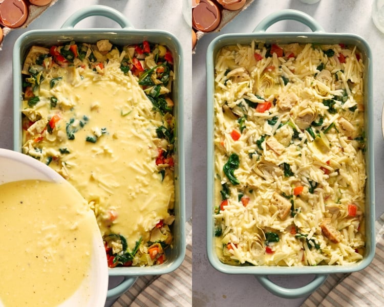 Two-panel collage showing the egg and cheese mixture being poured over the English muffin and vegetable layers in a casserole dish, followed by the assembled overnight egg bake topped with additional shredded cheese and visible spinach, bell peppers, and marinated artichokes.