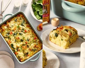 Two-panel collage showing the fully baked overnight artichoke spinach egg bake in a blue casserole dish on the left and a plated square slice on the right. The casserole is filled with spinach, red bell peppers, English muffins, melted cheese, and marinated artichokes, garnished with chopped chives.