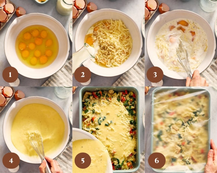 Six-panel collage showing the process of making the egg mixture and assembling an overnight artichoke spinach egg bake. The steps include cracking eggs into a mixing bowl, adding milk, shredded white cheddar cheese, and black pepper, whisking until smooth, pouring the egg mixture over the casserole layers in a baking dish, and covering the assembled casserole with plastic wrap before refrigerating overnight.