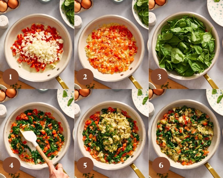 Six-panel collage showing the process of cooking the vegetable filling for an overnight artichoke spinach egg bake. The steps include sautéing diced red bell peppers and onions in a skillet, cooking until softened, adding fresh spinach, stirring until wilted, mixing in chopped marinated artichokes and fresh herbs, and the final cooked vegetable mixture fully combined in the pan.