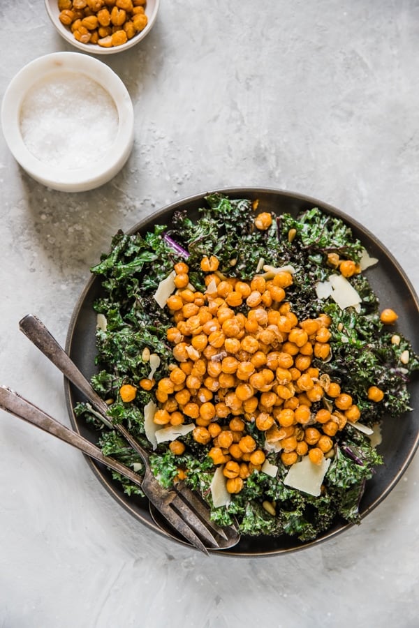roasted chickpeas on a kale salad