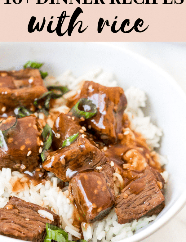 steak bites in a white bowl with white rice
