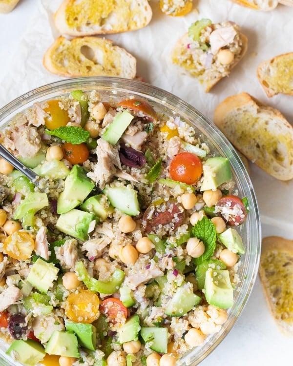 quinoa salad in a big glass bowl