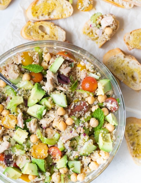 quinoa salad in a big glass bowl