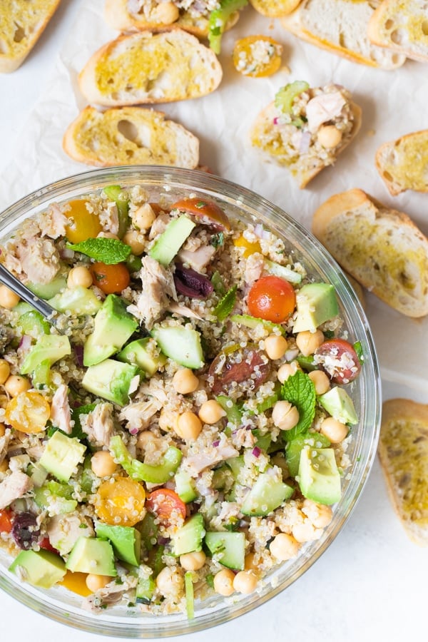 quinoa salad in a big glass bowl