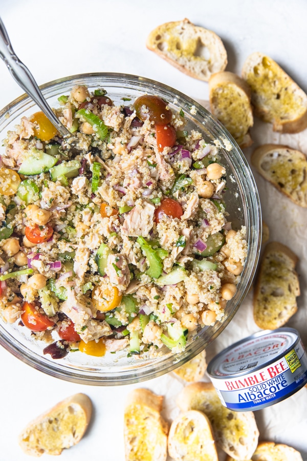 Mediterranean Tuna Salad in a glass bowl
