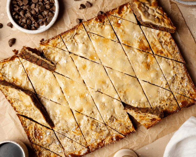 Coffee cookie bars cut into diagonal diamond shape.