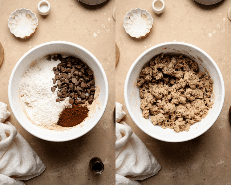 Side-by-side image of adding the rest of the cookie bar ingredients to the butter and sugar and mixing together.