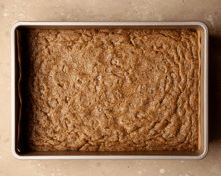 Coffee cookie bars base baked in 9x13 pan.
