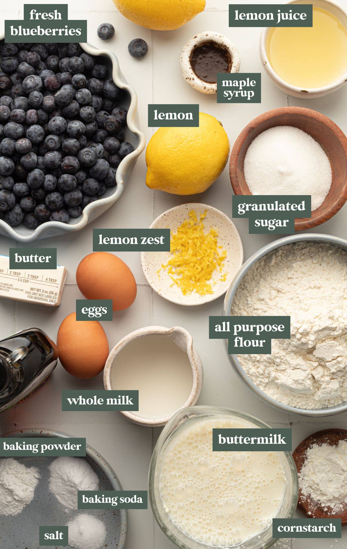 A flat-lay image of various baking ingredients labeled with text, arranged on a light-colored surface. Ingredients include fresh blueberries in a decorative bowl, whole lemons, lemon zest on a small plate, lemon juice in a bowl, granulated sugar in a wooden bowl, all-purpose flour in a ceramic bowl, butter in a stick, eggs, whole milk in a small pitcher, buttermilk in a measuring cup, maple syrup in a small container, cornstarch in a wooden dish, baking powder, baking soda, and salt on a plate.