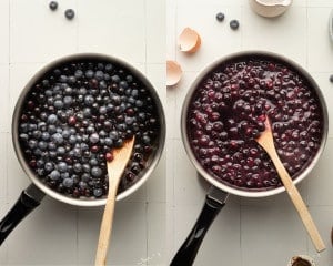 A side-by-side comparison of a saucepan filled with fresh blueberries on the left, and the same saucepan on the right showing the blueberries cooked down into a thick, glossy compote. A wooden spoon is stirring both mixtures.