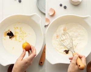 Two images showing the preparation of wet ingredients. On the left, a hand is cracking an egg into a white bowl filled with milk, lemon zest, and vanilla extract. On the right, a whisk is blending the wet ingredients together.