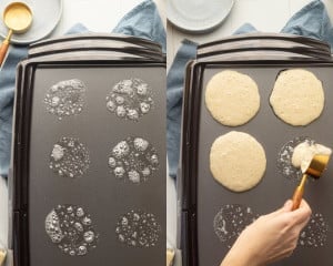 A side-by-side comparison of a heated griddle. On the left, six circles of melted butter are sizzling on the surface. On the right, pancake batter is being poured onto the griddle.