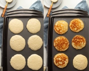 A side-by-side comparison showing the cooking process. On the left, pancakes are beginning to bubble on the surface. On the right, the pancakes have been flipped to reveal golden-brown tops.