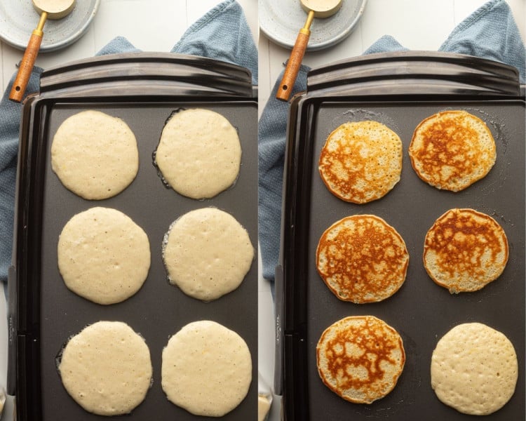 A side-by-side comparison showing the cooking process. On the left, pancakes are beginning to bubble on the surface. On the right, the pancakes have been flipped to reveal golden-brown tops.