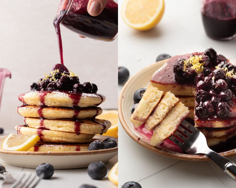 A side-by-side of the finished pancakes. On the left, blueberry sauce is being poured over a tall stack of pancakes topped with lemon zest. On the right, a fork is cutting into a fluffy pancake topped with blueberry compote.