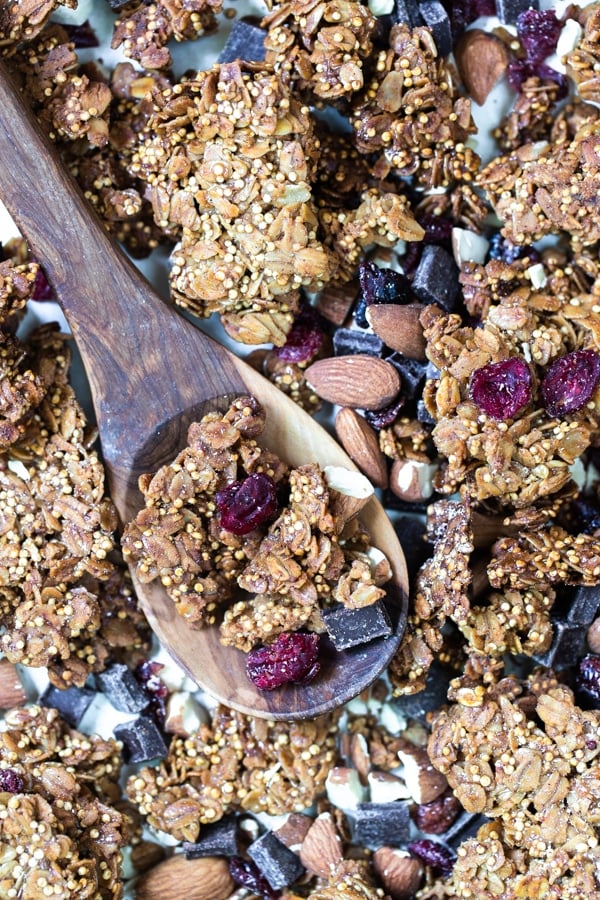 up close shot of granola on a spoon
