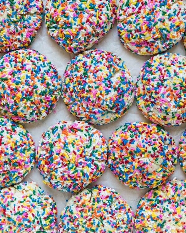 funfetti cookies coated in rainbow sprinkles