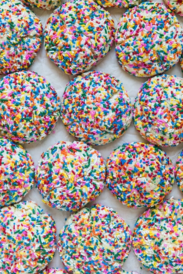 funfetti cookies coated in rainbow sprinkles