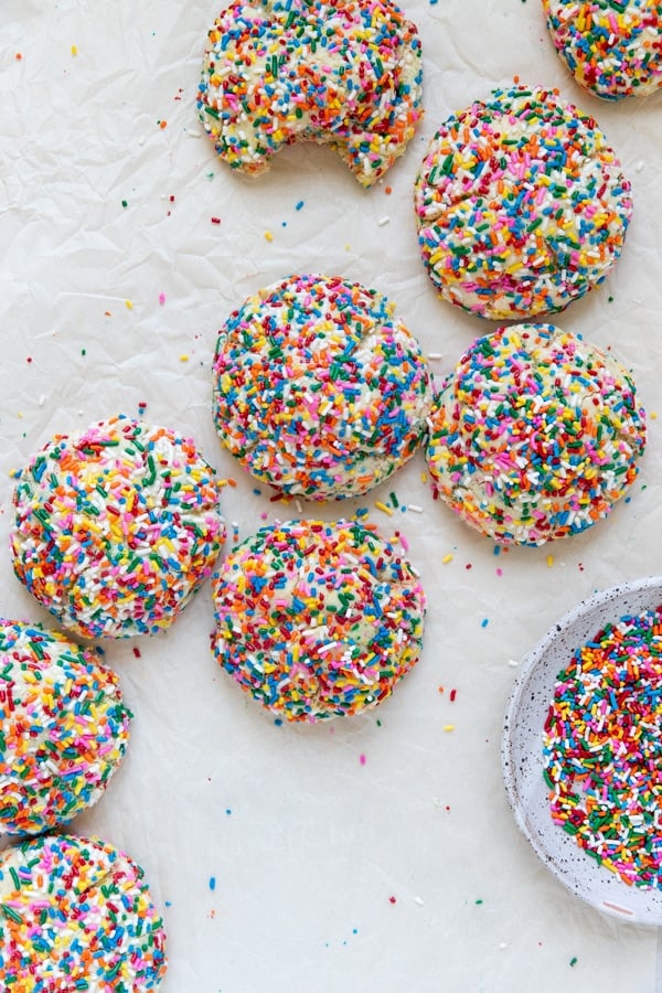 funfetti cookies coated in rainbow sprinkles