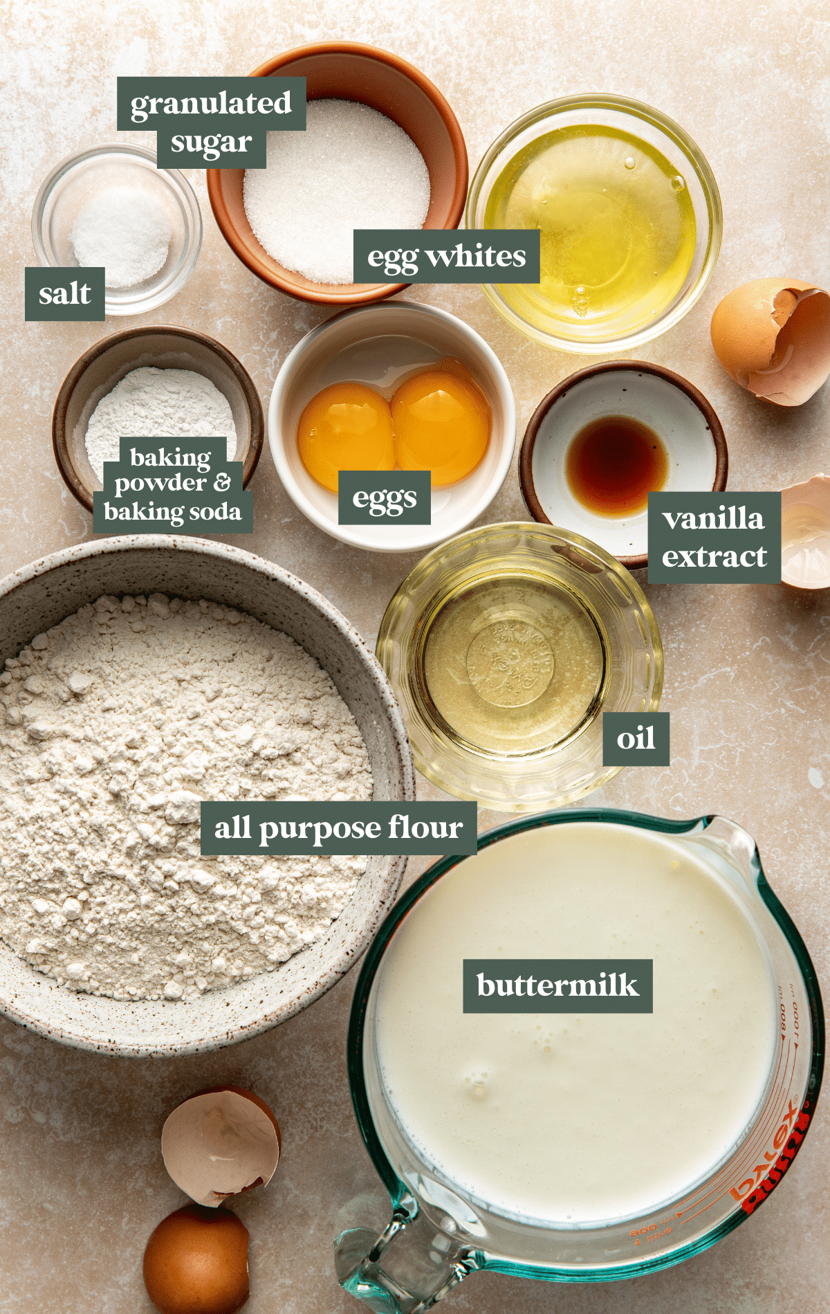 Flat lay image of labeled ingredients for buttermilk pancakes, including all-purpose flour, buttermilk, eggs, egg whites, granulated sugar, salt, oil, vanilla extract, and a small bowl with baking powder and baking soda. Some cracked eggshells are also visible on the counter.







