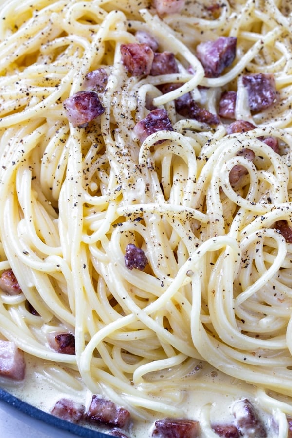 spaghetti alla carbonara with guanciale and black pepper
