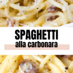 spaghetti carbonara on a white plate garnished with black pepper