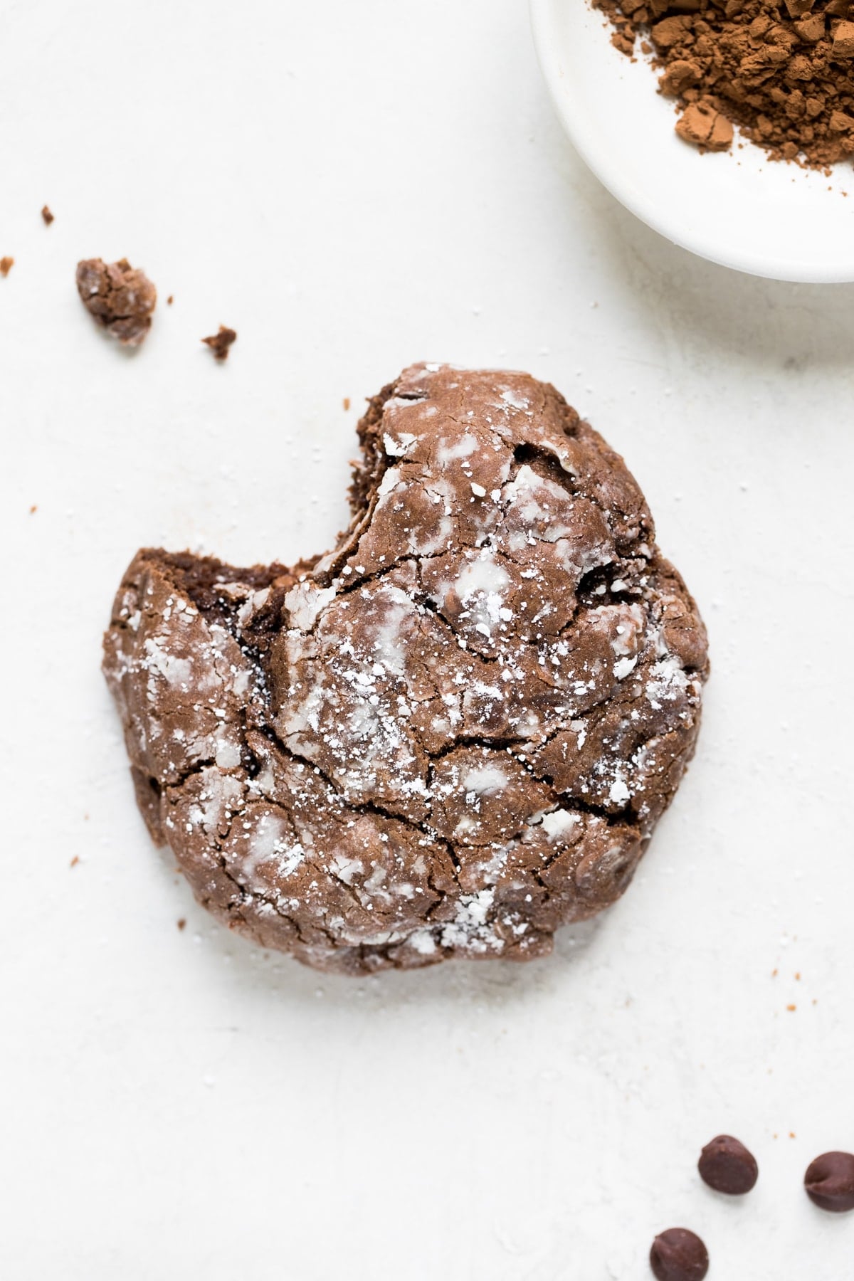 A piece of chocolate covered in powdered sugar