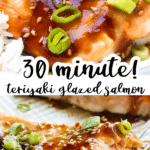 teriyaki glazed salmon in a white bowl with rice and broccoli