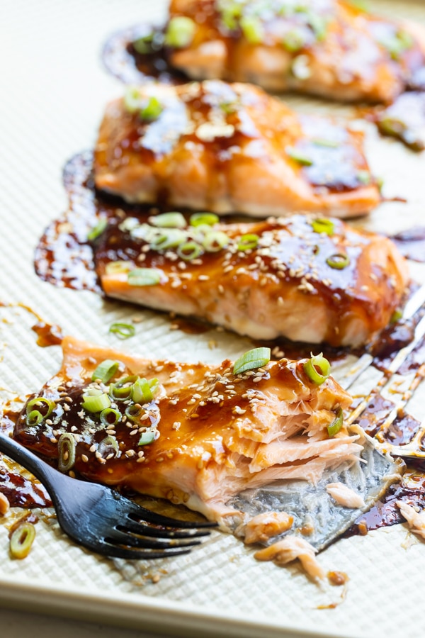 teriyaki glazed salmon on a sheet pan with homemade teriyaki sauce