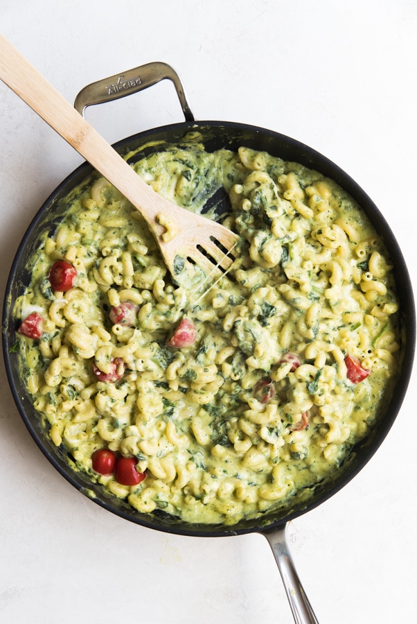 zucchini avocado mac and cheese in a pan