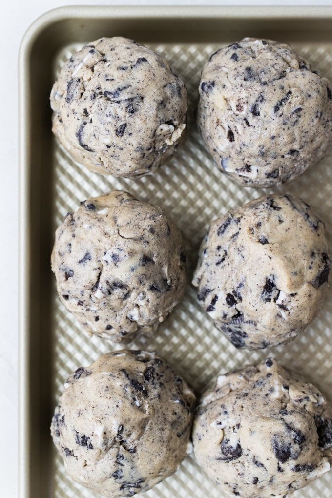 Cookies on a baking sheet ready to head into the oven