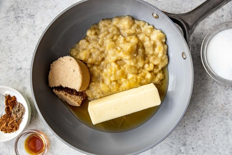 mashed bananas, butter, brown sugar and rum in a saute pan.